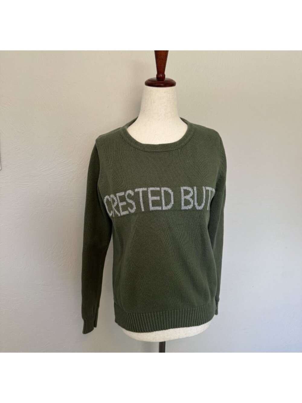 Pink Pineapple Crested Butte Olive Green Knit Graphic Ski Sweater Size Small